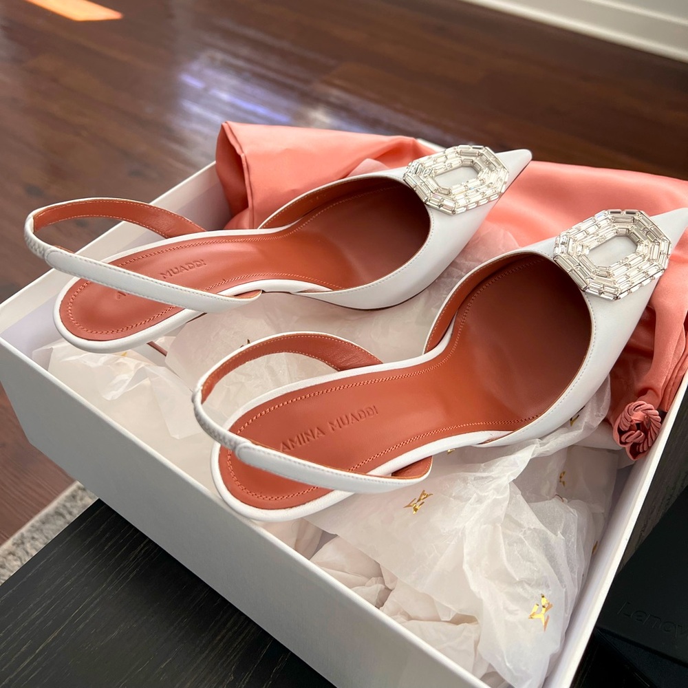 Amina Muaddi Camelia slingback 90mm in white.